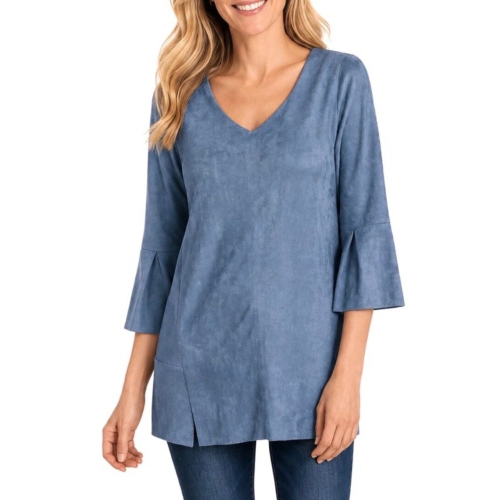 Soft Surroundings Izzy Blue Faux Suede Tunic Bell Sleeve Small Cozy
